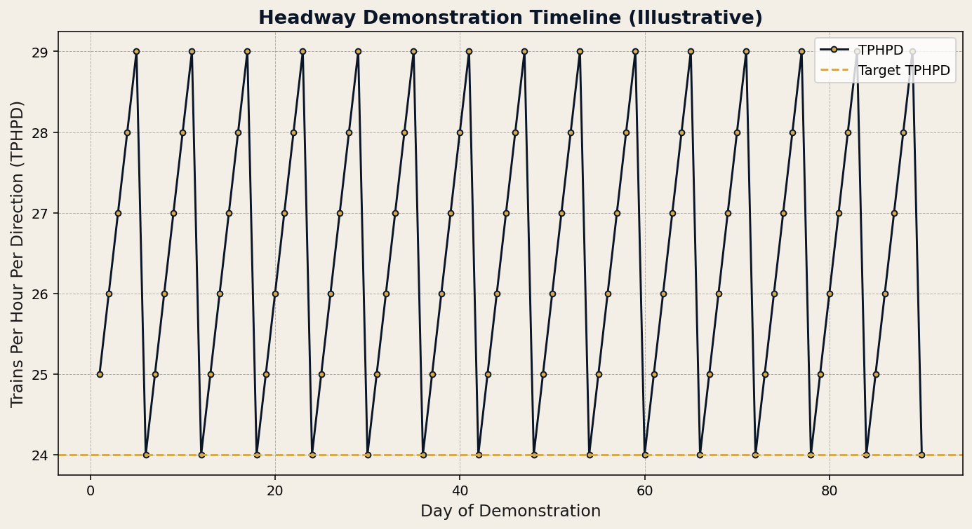 The headway demonstration is the contractual proof that the agency got the capacity uplift it paid for. Duration, condit.