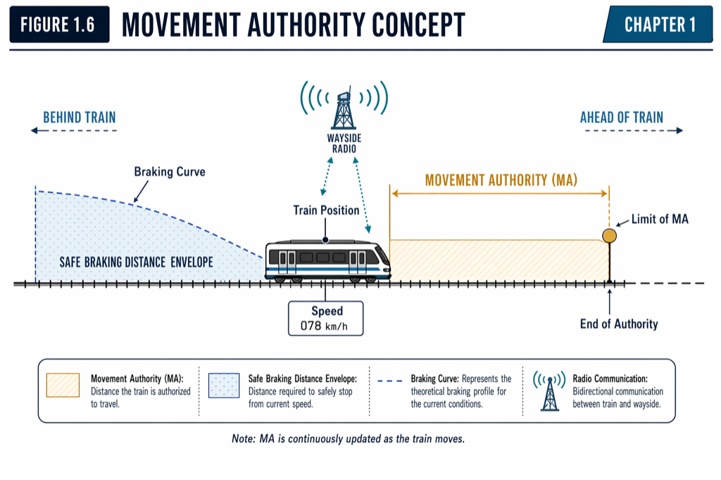 Distance-to-go is bounded by the block ahead; CBTC's Movement Authority is bounded by the lead train itself.