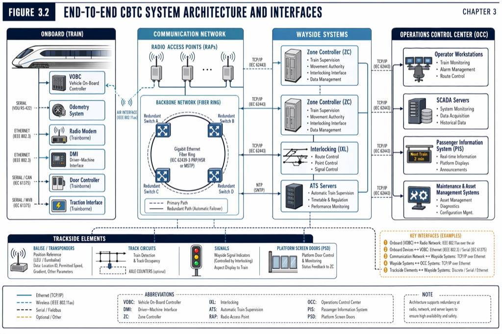 The CBTC reference architecture: VOBC and ATP onboard, ZC and ATS wayside, DCS in between.