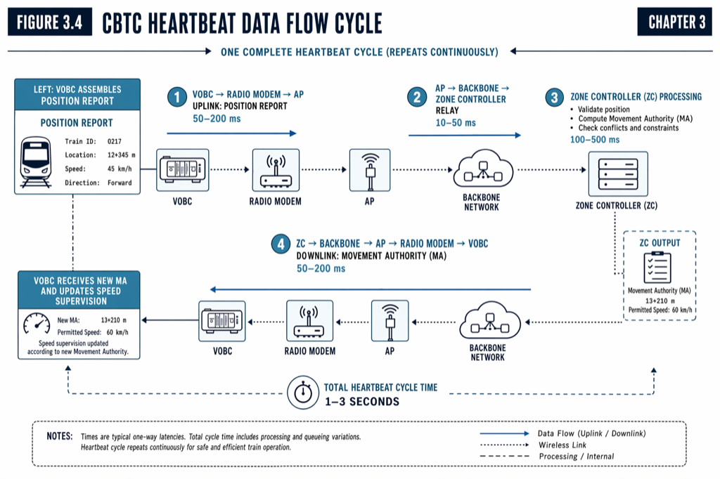 The CBTC heartbeat cycle is a four-phase distributed loop. Each phase has its own latency budget; the sum of all four budgets caps achievable headway.