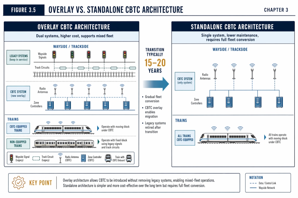 Three migration patterns dominate US overlay CBTC, each trading cost against residual risk.