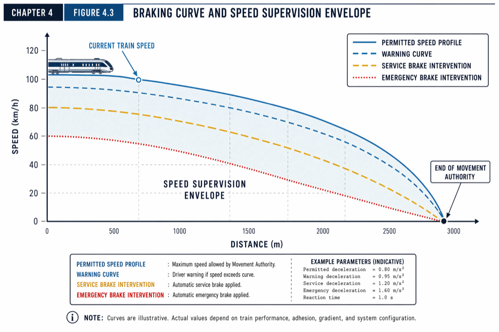 The four-tier speed envelope: at every distance ahead, EBD < SBD < Warning Curve < Permitted Speed. ATP enforces the envelope by recomputing it every 50 to 100 ms.