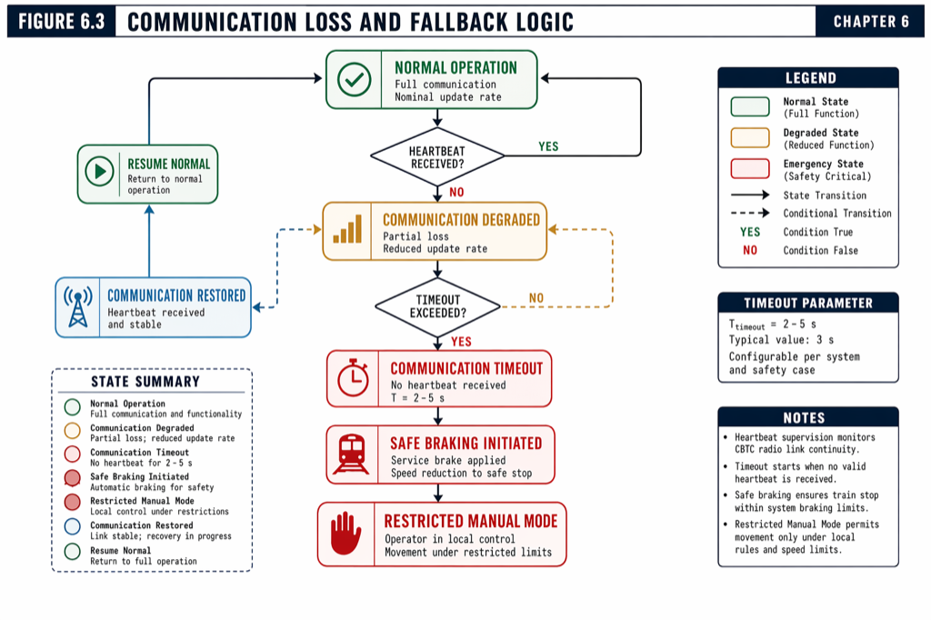 The communication-loss fallback staircase. Each step is a deliberate trade between operational continuity and safety conservatism.