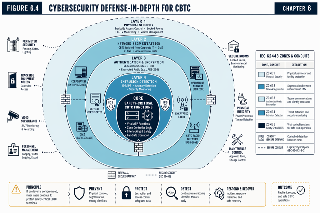 The four surfaces account for most realistic threat. The defenses combine standards (EN 50159, IEC 62443, NIST CSF) with architectural patterns (VLAN segmentation, MFA, secure boot).