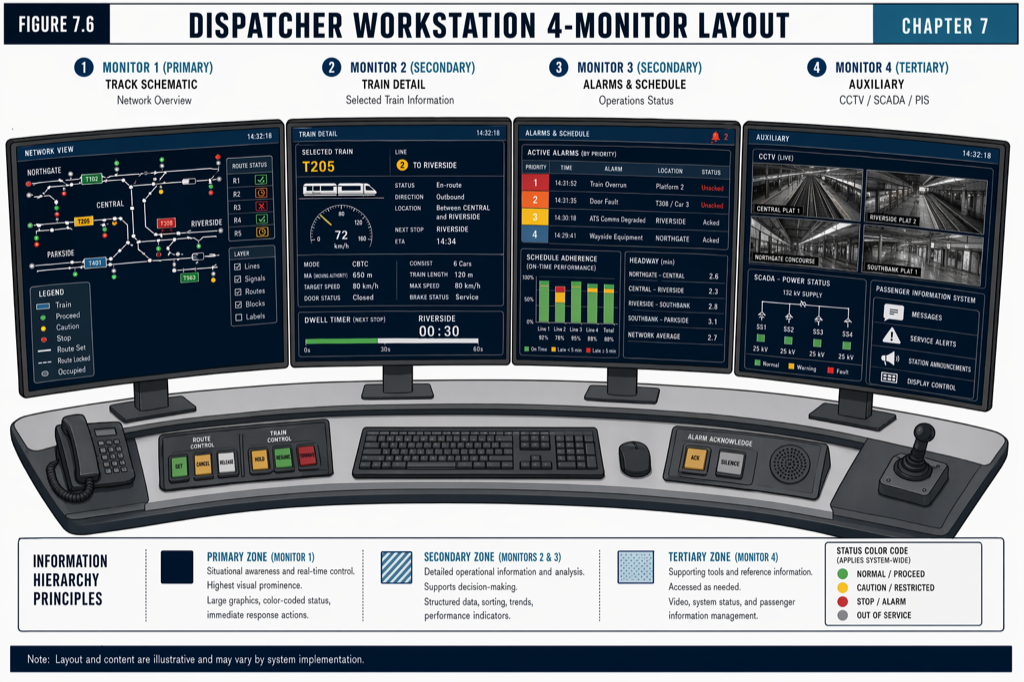 Dispatcher workstation 4-monitor layout