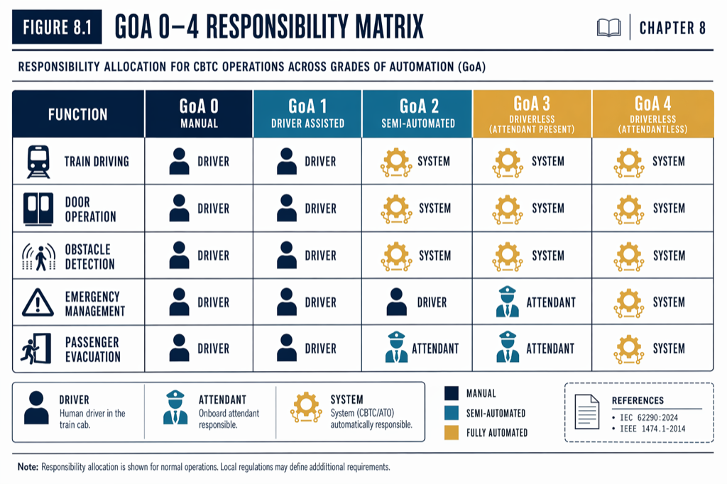 IEC 62290-1's responsibility matrix is the international standard for specifying automation level.