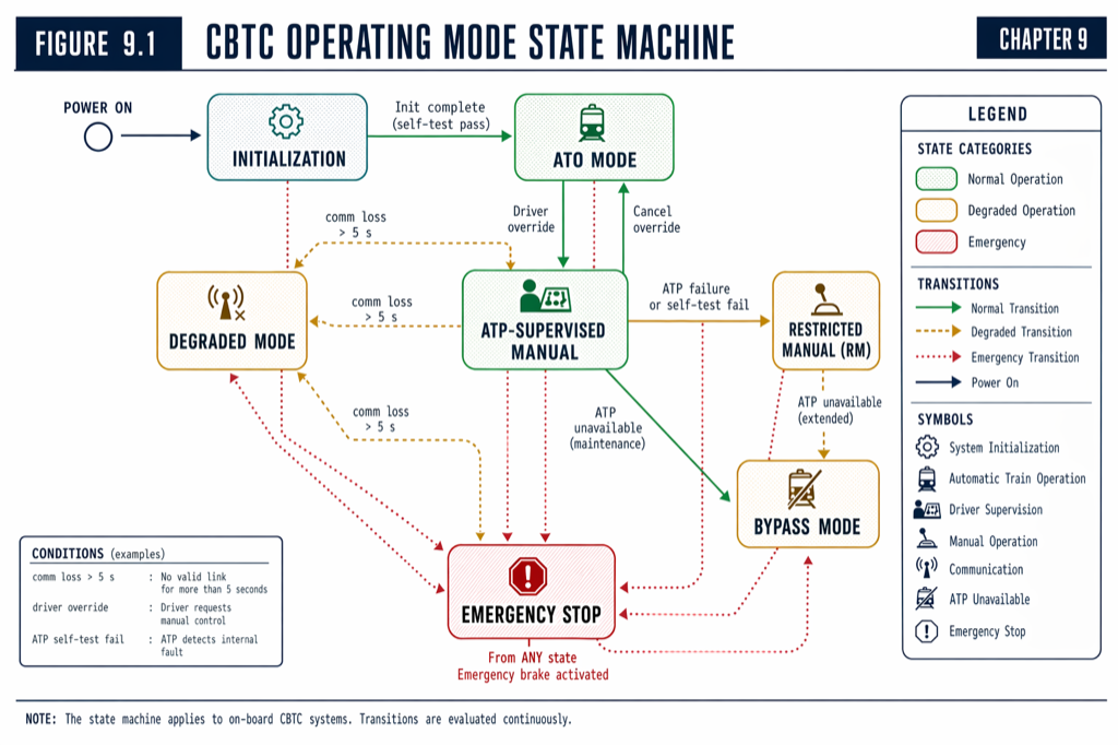 The CBTC mode state machine. Transitions are designed to preserve safety in every direction; only Withdrawn Service is a one-way exit.