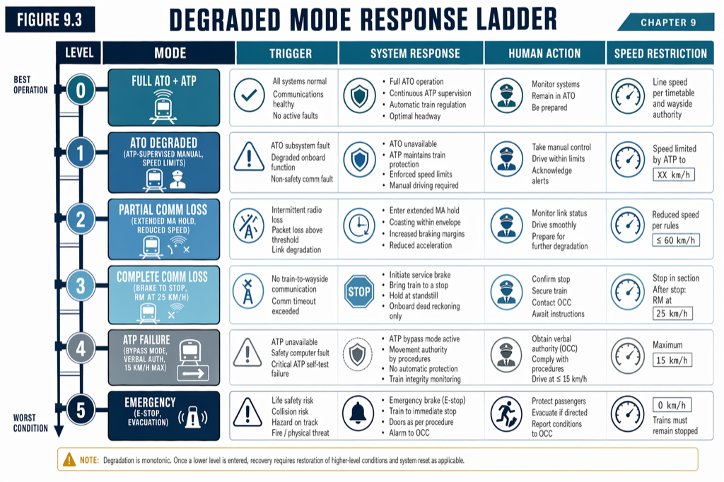 The degraded-mode ladder. Each rung defines a trigger, a behavior, and a recovery path; designing the ladder is the operational core of CBTC procurement.