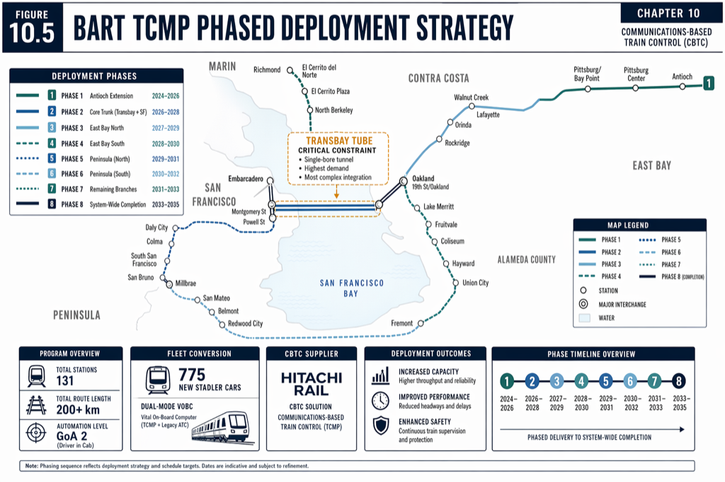 The Transbay Tube is BART's binding capacity constraint; TCMP targets a 30 tph throughput through specialized radio engineering.
