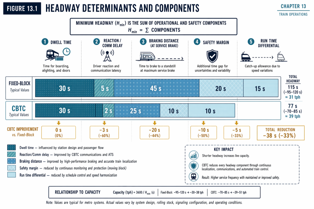 Theoretical minimum headway is the sum of five additive components. Achievable headway adds five sources of variability on top.