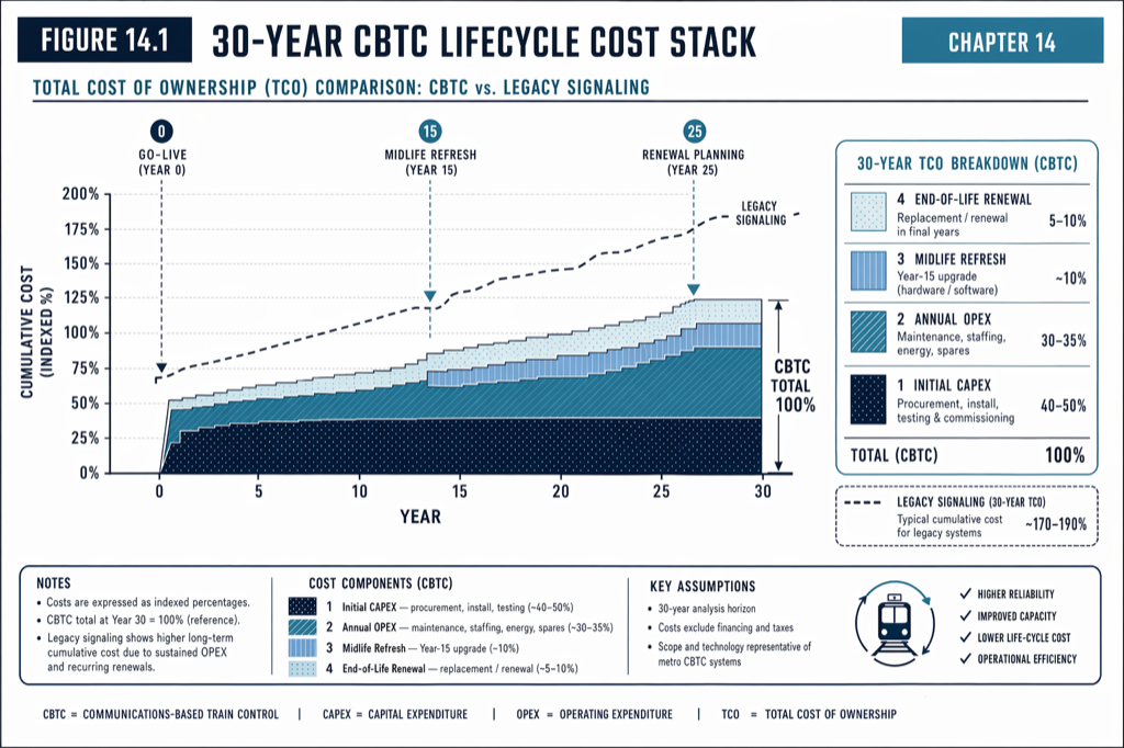 CBTC OPEX runs higher in years 1 through 10 than legacy signaling, then flattens. Legacy OPEX rises sharply in the final decade. The crossover is the economic case.