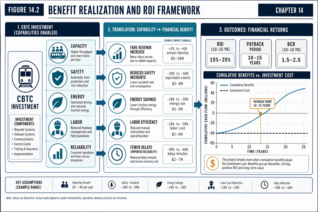 The CBTC business case is a 30-year cash-flow comparison: discounted capital and operating costs on the left, discounted benefit categories on the right.