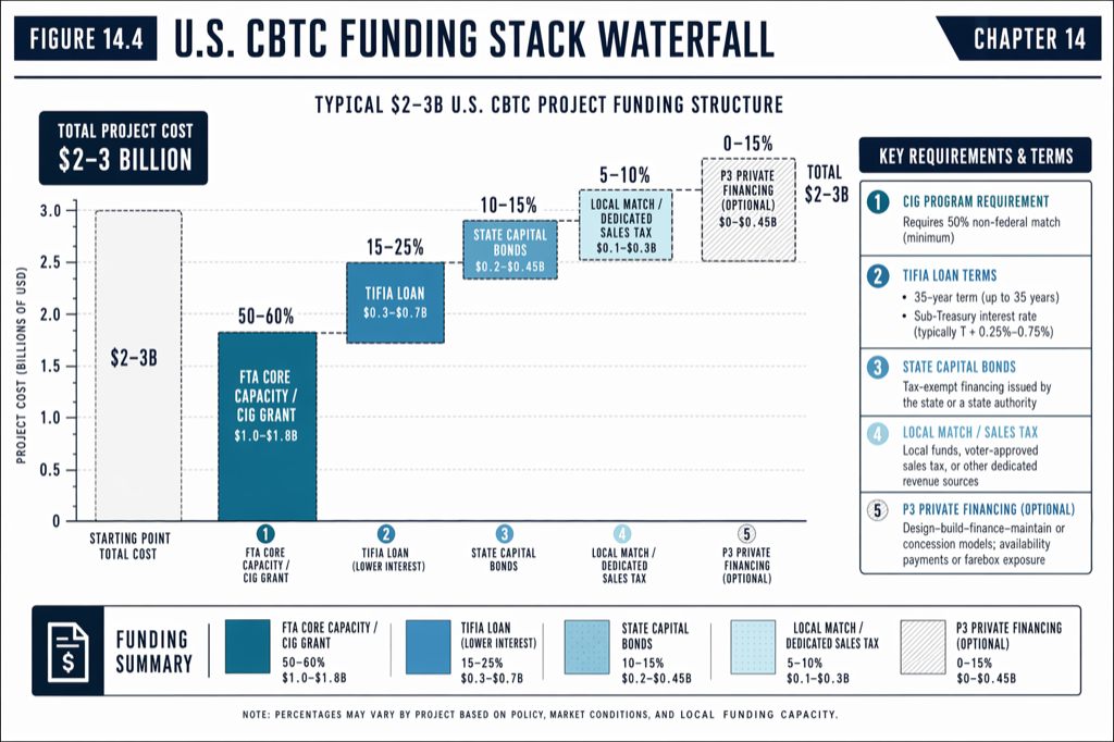 A representative US CBTC funding stack. CIG is the dominant federal source; TIFIA, state, and local contributions complete the package.