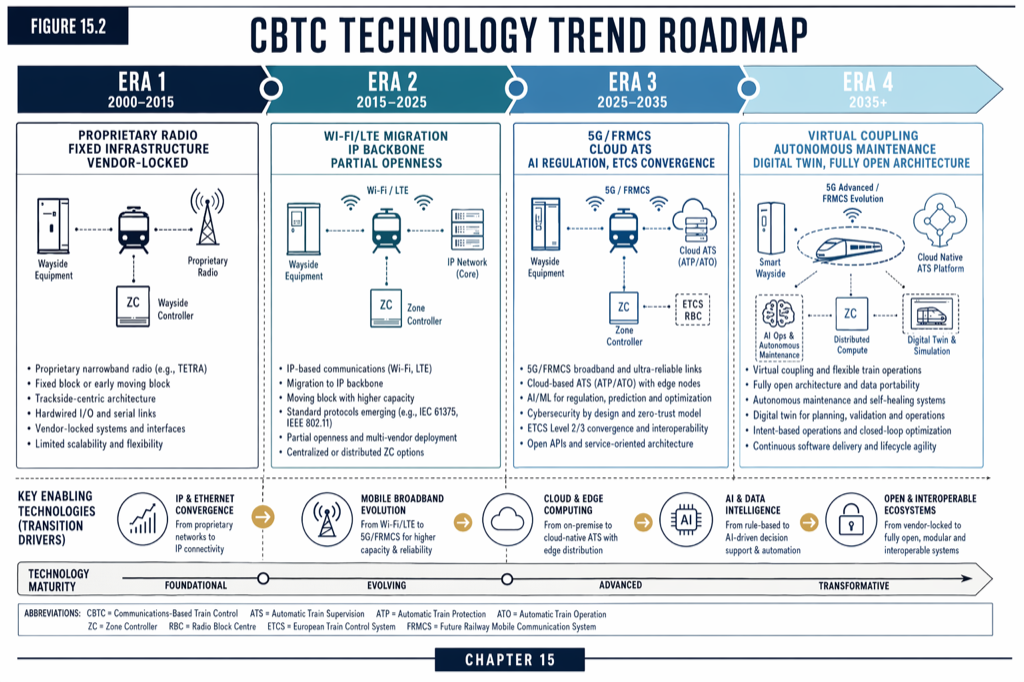 Five credible directions for next-generation train control beyond current CBTC, plotted by Technology Readiness Level and projected production timeline.