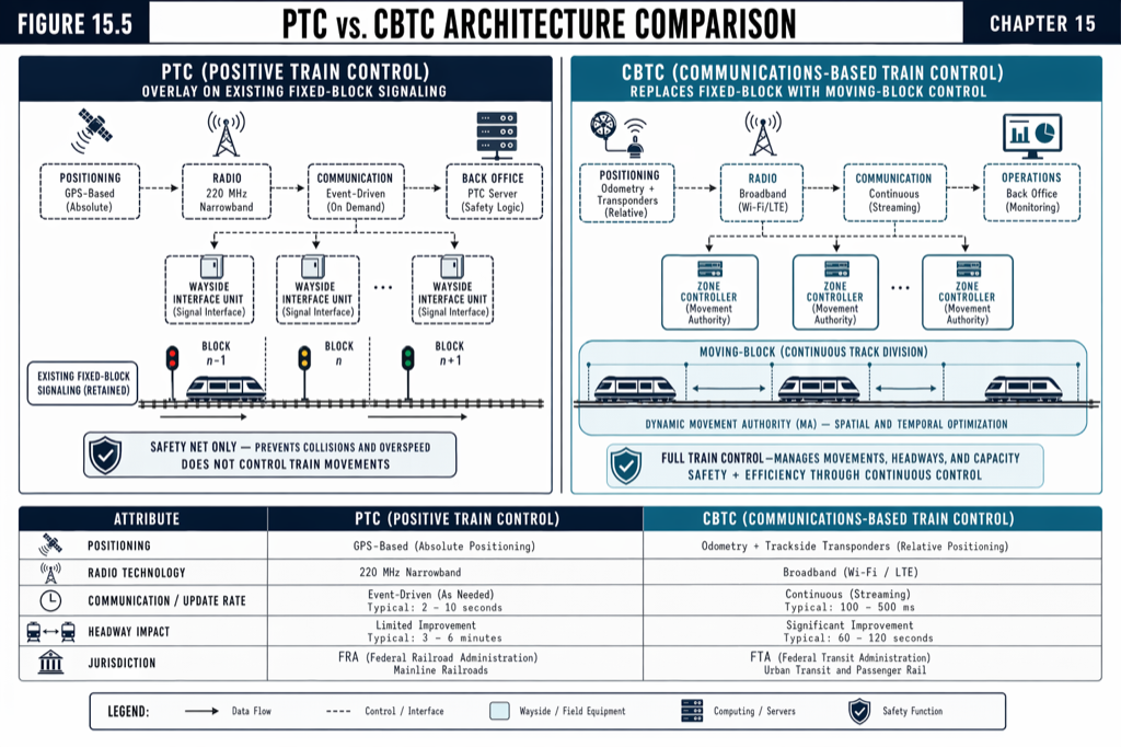 PTC overlays existing fixed-block signaling; CBTC replaces it with a moving-block architecture.